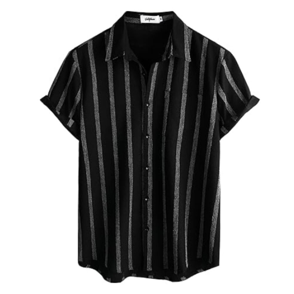 Mens Summer Striped Button Down Short Sleeve Hawaiian Shirt Black